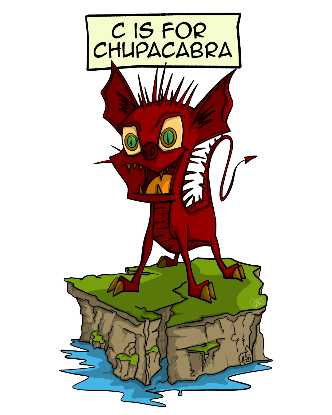 A tiny, fierce, yet adorable Chupacabra standing triumphantly on a desert rock.