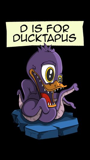 A cheerful, multilimbed Ducktapus floating comfortably in a cozy pond.