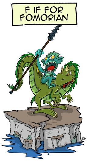 A grinning, sharp-toothed Fomorian waving a jagged spear while riding a green, horned sea serpent on a rocky sea cliff.